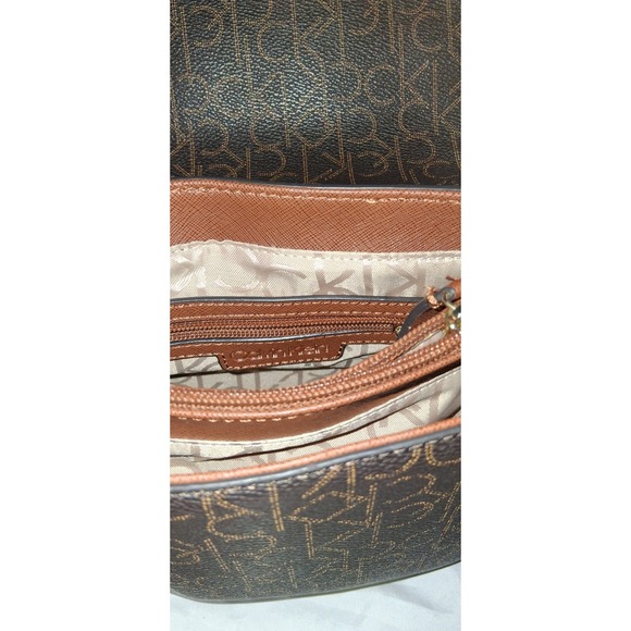 CK Calvin Klein Susan Saffiano Leather Signature Crossbody Bag Brown Monogram - Picture 5 of 10